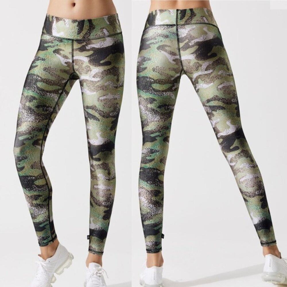 Terez Womens Metallic Green Camo Leggings Small Activewear Yoga Pants Camouflage